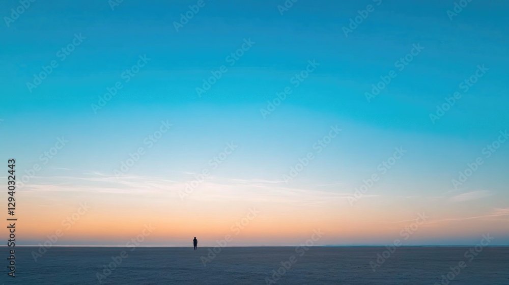 lone silhouette of person standing on expansive empty beach under vast cloudless sky at dusk