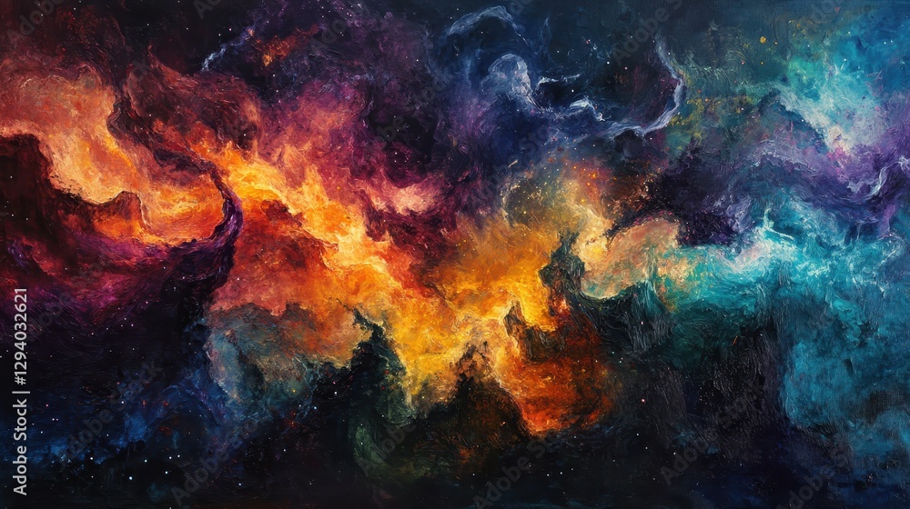 A stunning painting of a vibrant galaxy filled with swirling colors against a deep black background. A stunning painting of a vibrant galaxy filled with swirling colors against a deep black background.