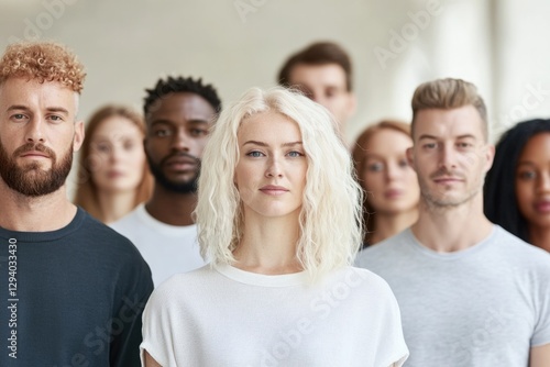 minimalistic portrait of diverse group of people of varying ages set against blurred background