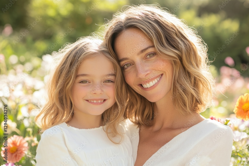mother and daughter share joyful embrace in sunlit garden surrounded by blooming flowers mother and daughter share joyful embrace in sunlit garden surrounded by blooming flowers