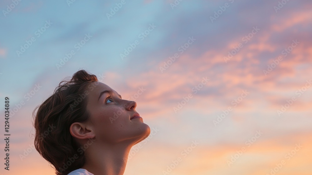 person gazes upward thoughtfully against backdrop of twilight sky symbolizing aspirations towards boundless expanse person gazes upward thoughtfully against backdrop of twilight sky symbolizing aspirations towards boundless expanse
