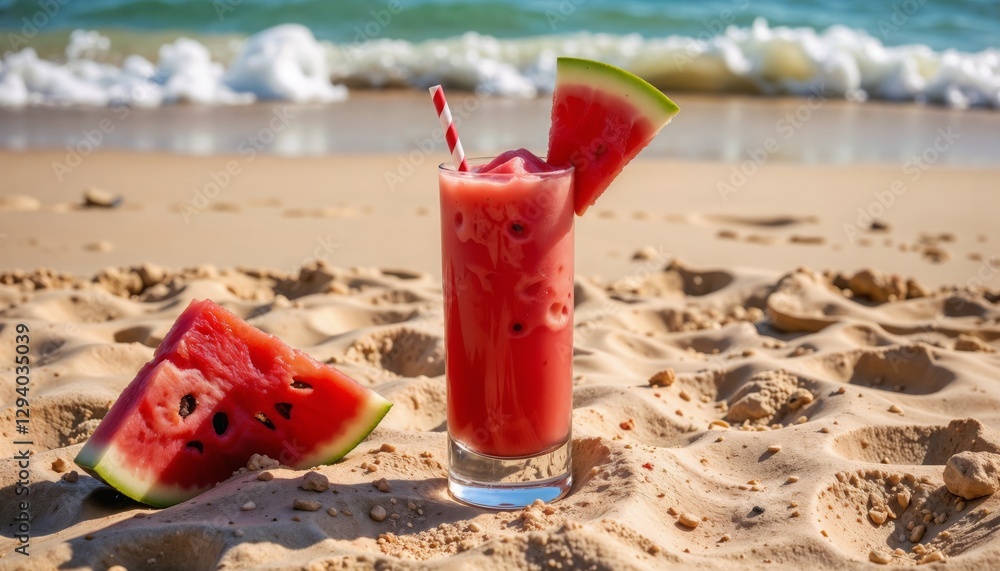 Watermelon smoothie cocktail on sandy beach with watermelon slice and striped straw, tropical beach vibes Watermelon smoothie cocktail on sandy beach with watermelon slice and striped straw, tropical beach vibes