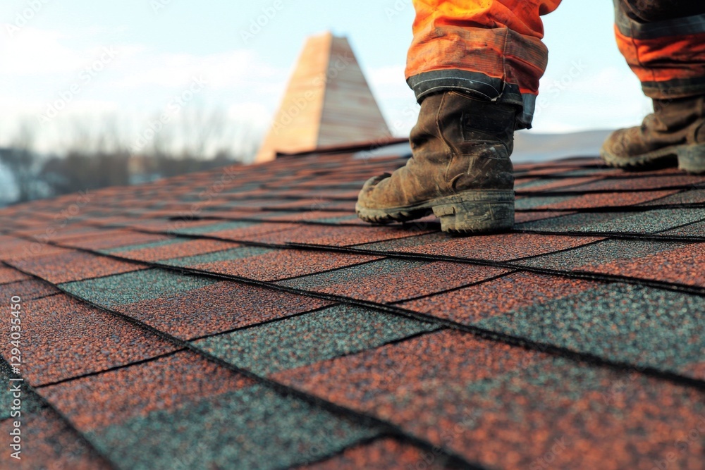 Close up on the roofing with worker's boots on top, showcases the intricacies of roofing installations and the skilled labor involved in building maintenance and repair. Close up on the roofing with worker's boots on top, showcases the intricacies of roofing installations and the skilled labor involved in building maintenance and repair.