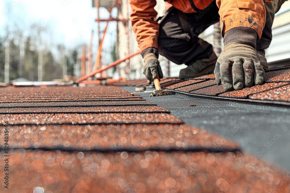 Craftsman installing asphalt shingles on new roof, showcasing skill and expertise in construction under bright sunlight during a construction project. Craftsman installing asphalt shingles on new roof, showcasing skill and expertise in construction under bright sunlight during a construction project.