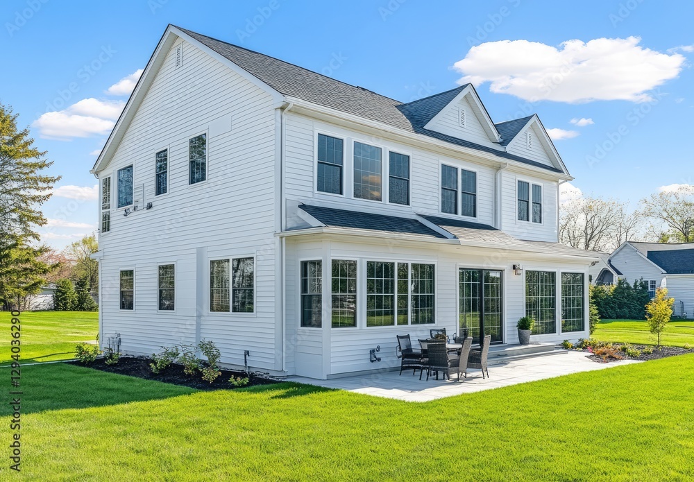 Obraz premium the exterior of an elegant modern farmhouse with white walls and a black roof, featuring large windows and a patio area.