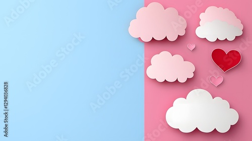 Pastel Pink and Blue Paper Clouds and Hearts Background