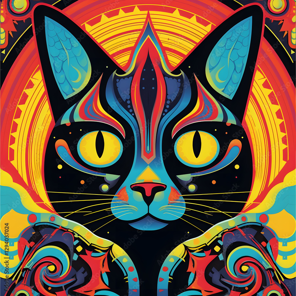 Fototapeta premium Bright and lively cat artwork with detailed geometric patterns and bold colors