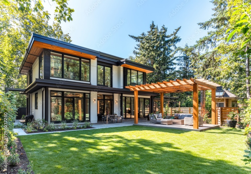 the front view of an elegant, modern two-story house with large windows and a black roof the front view of an elegant, modern two-story house with large windows and a black roof