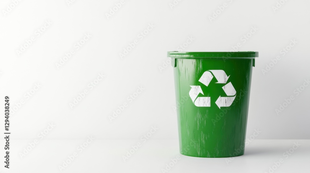 Eco-friendly recycling bin with a green label, positioned on a white background Eco-friendly recycling bin with a green label, positioned on a white background