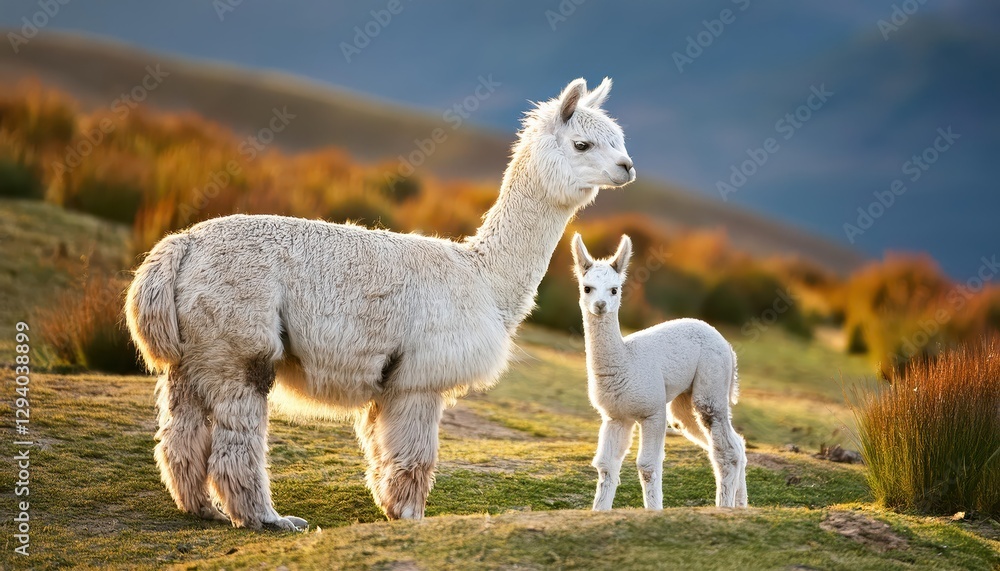 Gentle Bond Between Two Alpacas in the Highlands of South America, Against a Backdrop of Majestic Andes Mountains, Capturing the Tender Moments of Natures Beauty. Gentle Bond Between Two Alpacas in the Highlands of South America, Against a Backdrop of Majestic Andes Mountains, Capturing the Tender Moments of Natures Beauty.
