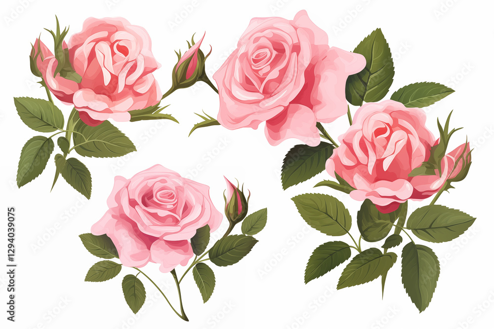 Naklejka premium Set of beautiful pink roses with green leaves generative ai