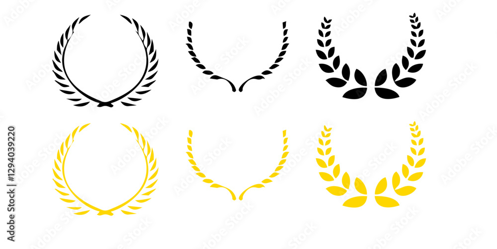 Obraz premium Set black and gold laurel wreath round frame icon vector silhouette fit for awards, winner, trophy, branches, foliate or leaves circle badge, and etc.