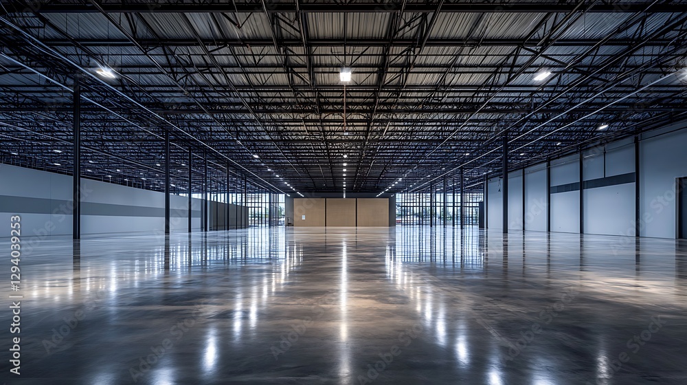Spacious Empty Warehouse Interior with Shiny Concrete Floor and Metal Framework Spacious Empty Warehouse Interior with Shiny Concrete Floor and Metal Framework