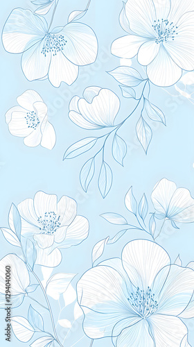Light blue background with delicate line art flowers, vector illustration
