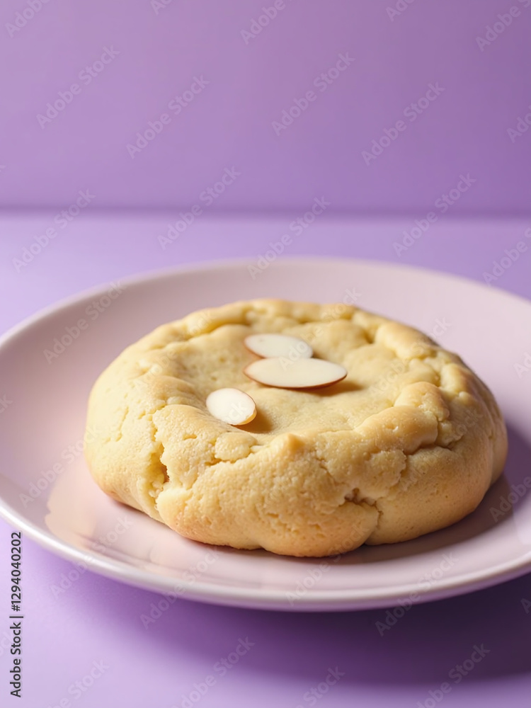 A Large, Single Cookie Sits On A Plate, Topped With A Few Sliced Almonds Against A Soft, Serene Purple Hue. A Large, Single Cookie Sits On A Plate, Topped With A Few Sliced Almonds Against A Soft, Serene Purple Hue.