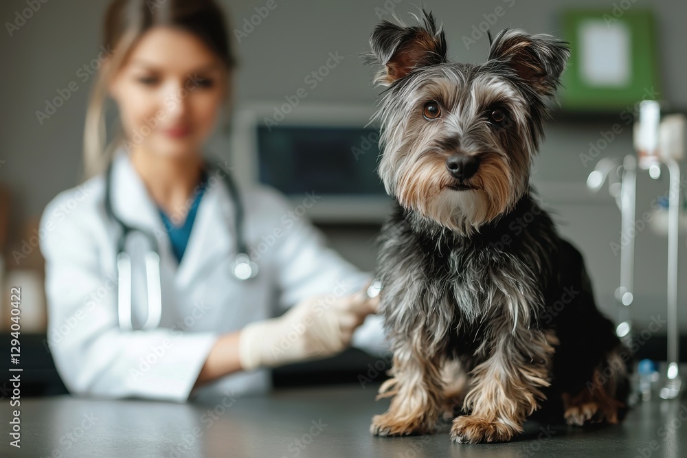 A charming Yorkshire Terrier receives a check-up from a caring veterinarian, ensuring its health and well-being in a professional and comforting environment. A charming Yorkshire Terrier receives a check-up from a caring veterinarian, ensuring its health and well-being in a professional and comforting environment.