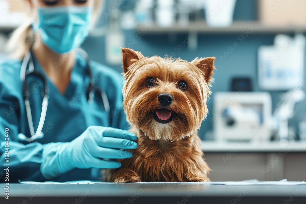 A heartwarming image captures a cute Yorkshire Terrier dog being examined with care and attention by a veterinarian wearing a protective mask and gloves. A heartwarming image captures a cute Yorkshire Terrier dog being examined with care and attention by a veterinarian wearing a protective mask and gloves.