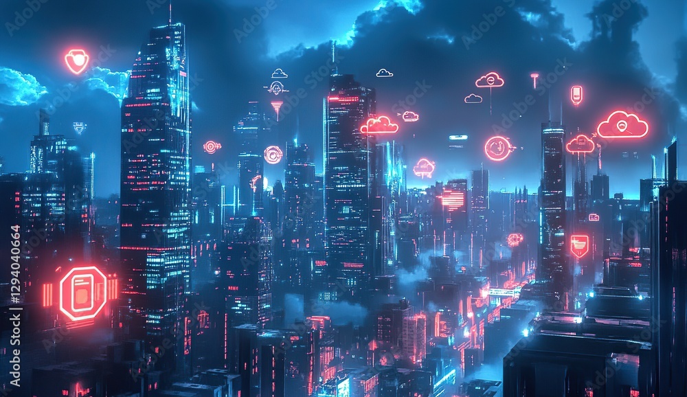 Fototapeta premium Digital Cityscape with Cloud Icons and Network Lines, Representing Smart Urban Tech