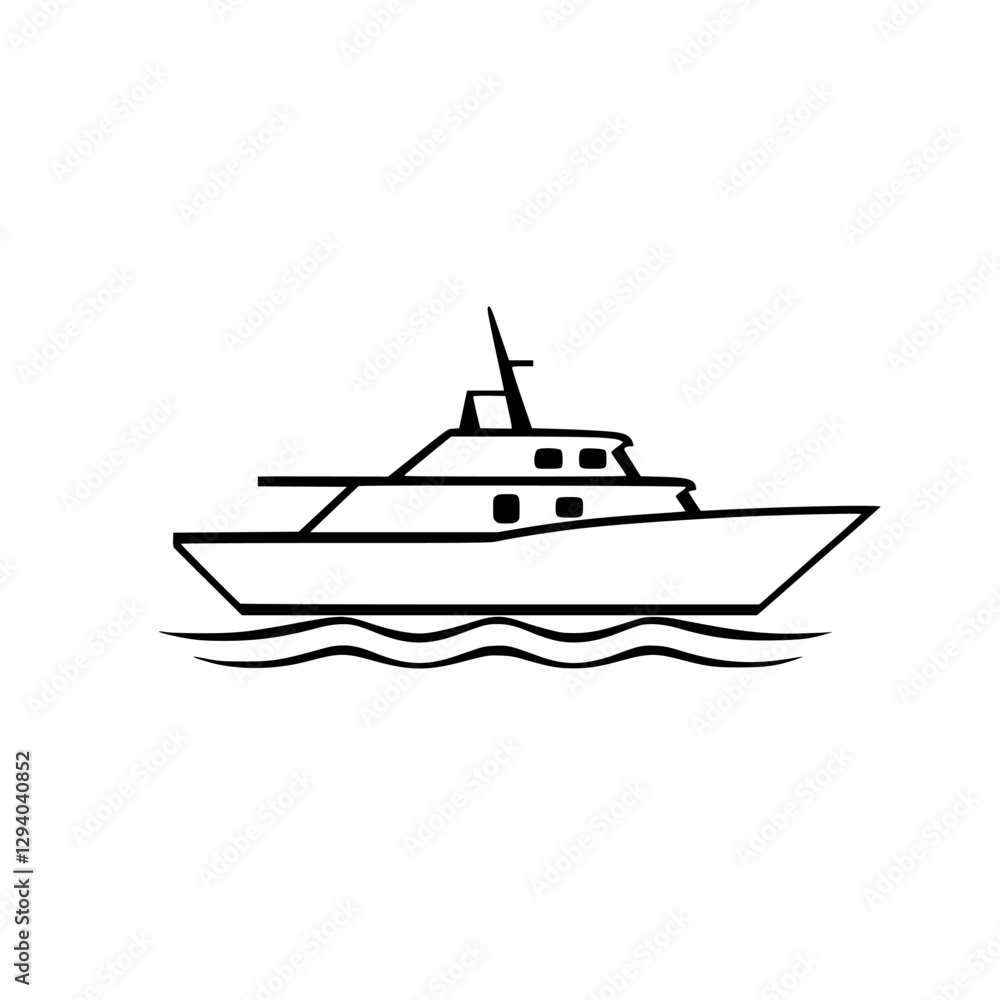Modern-style Yacht illustration with black outline, sailing on wavy water in a minimalist white background. Modern-style Yacht illustration with black outline, sailing on wavy water in a minimalist white background.