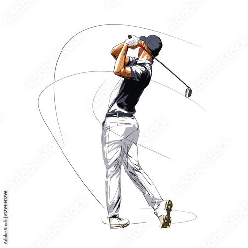 Golf player, isolated vector illustration. Golfer rear view. Sports drawing