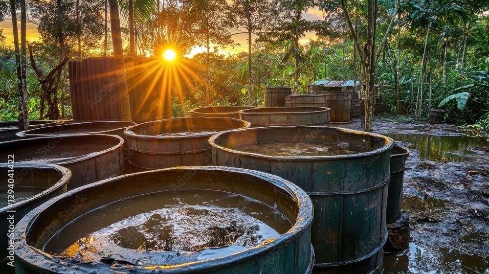Sunlight Over Water Storage Barrels in Lush Green Jungle Setting Sunlight Over Water Storage Barrels in Lush Green Jungle Setting