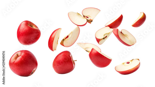 Flying or falling fresh sliced & fully ripe red apples on transparent PNG or white background.