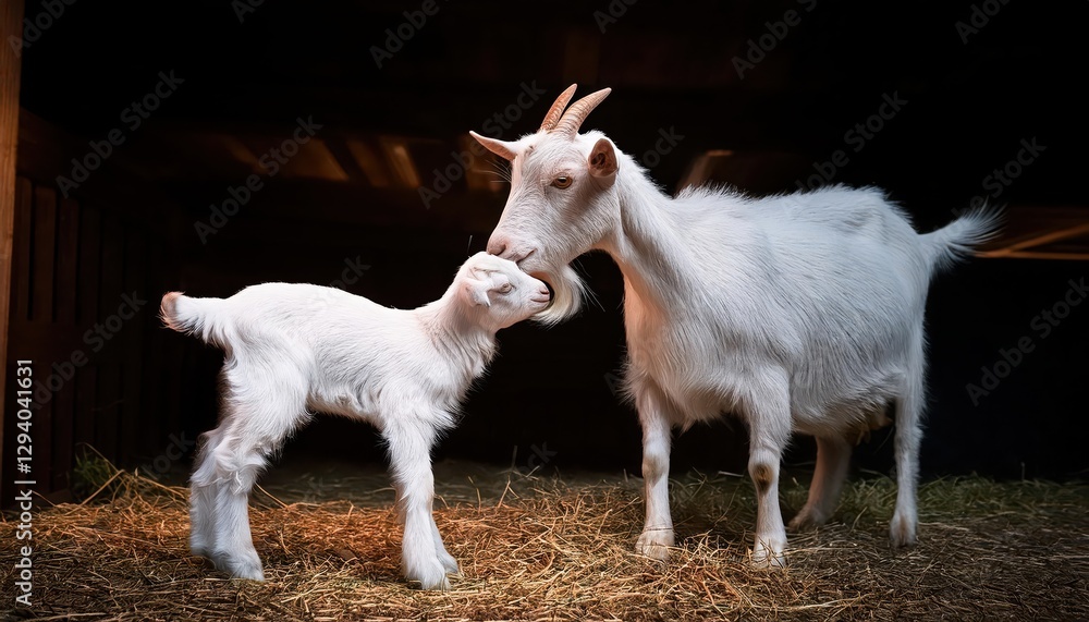 Tender Moment A White Goat Nuzzling Its Kid in a Rustic Barnyard Setting Capturing the Quiet Serenity of Natures Blessings Tender Moment A White Goat Nuzzling Its Kid in a Rustic Barnyard Setting Capturing the Quiet Serenity of Natures Blessings