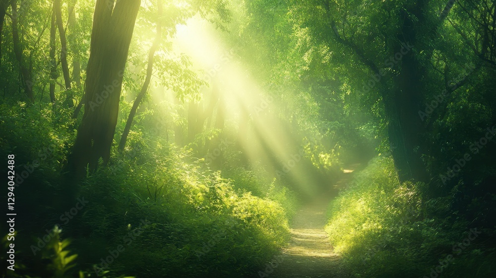 Obraz premium Sunlight Streaming Through Lush Green Forest Pathway in Nature