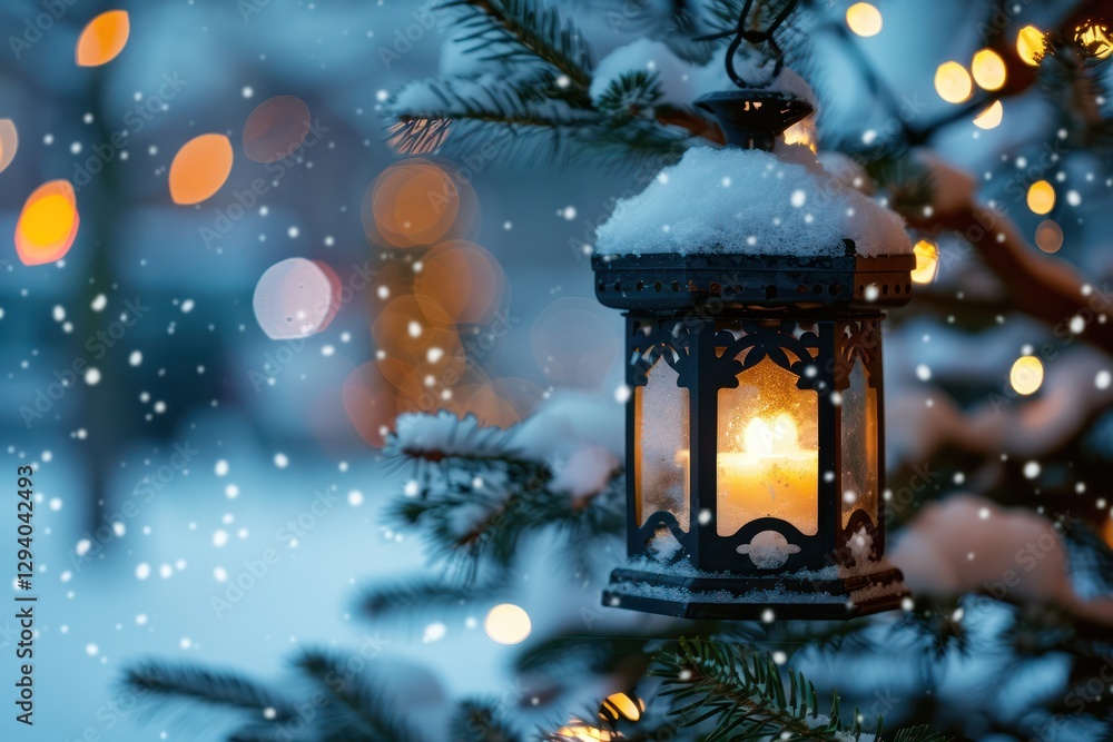 Christmas decoration with a lantern in the snow in a winter park with beautiful bokeh bokeh light snow drop. Christmas decoration with a lantern in the snow in a winter park with beautiful bokeh bokeh light snow drop.