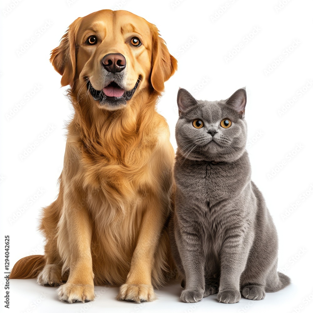 Golden Retriever, British Shorthair cat, studio, white background, pet adoption Golden Retriever, British Shorthair cat, studio, white background, pet adoption