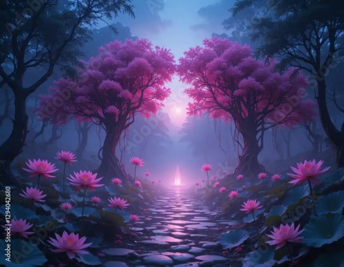 The sacred grove of the crimson lotus in ethereal twilight