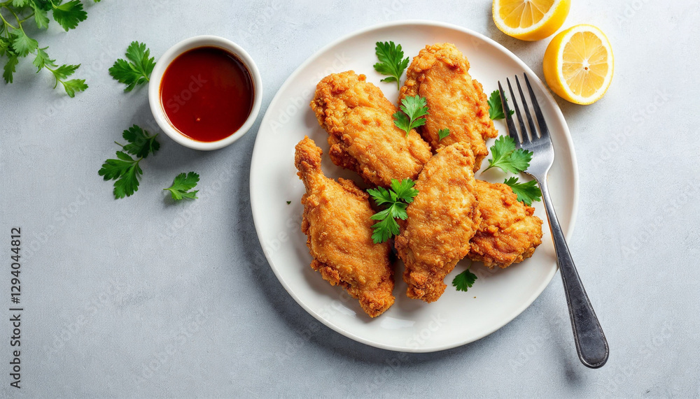 fried chicken on a white plate with lemon slice and parsley leaves fried chicken on a white plate with lemon slice and parsley leaves