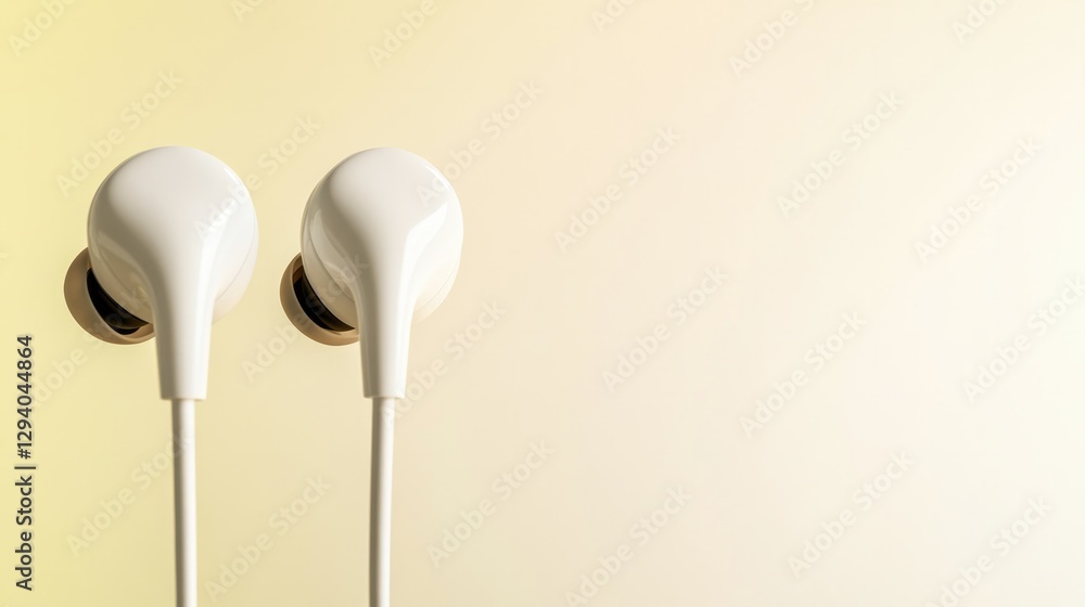 Minimalistic design showcasing white earphones against soft yell Minimalistic design showcasing white earphones against soft yell