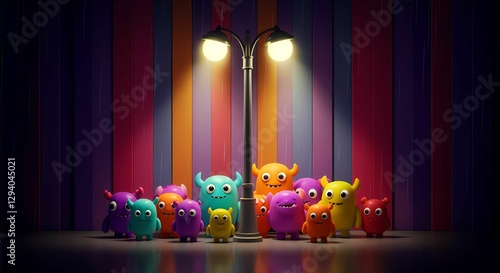 Grupo de coloridos y adorables monstruos esperan atentos bajo la luz de una farola. photo