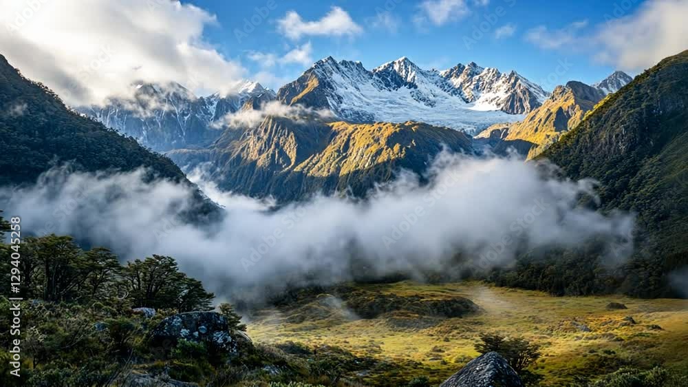 Majestic Mountain Range with Clouds and Lush Green Valley Scenery Display Majestic Mountain Range with Clouds and Lush Green Valley Scenery Display