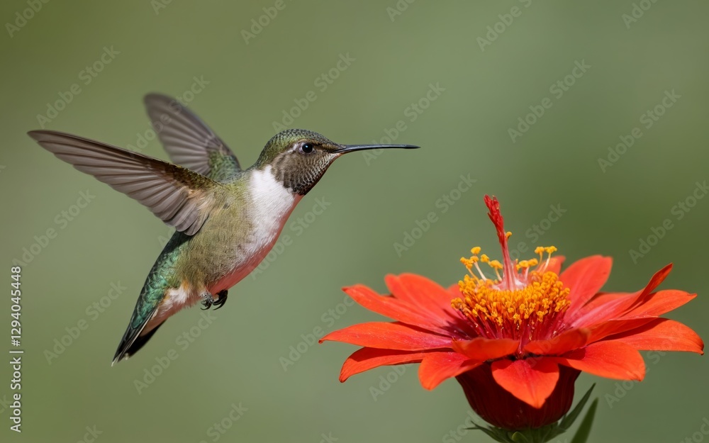 A colorful hummingbird hovering near a bright red flower, sipping nectar A colorful hummingbird hovering near a bright red flower, sipping nectar