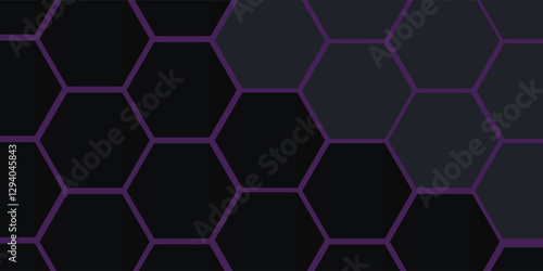 Dark purple hexagonal technology horizontal abstract vector background. Purple and pink bright energy flashes under hexagon in futuristic modern technology wide banner.