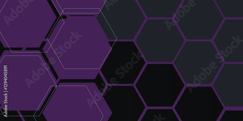 Dark purple hexagonal technology horizontal abstract vector background. Purple and pink bright energy flashes under hexagon in futuristic modern technology wide banner.