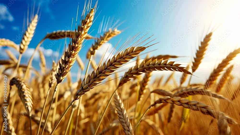 Close-up, low-angle video of golden wheat stalks swaying under a bright blue sky, capturing the essence of a sunny, rural landscape. Live desktop wallpaper. Close-up, low-angle video of golden wheat stalks swaying under a bright blue sky, capturing the essence of a sunny, rural landscape. Live desktop wallpaper.