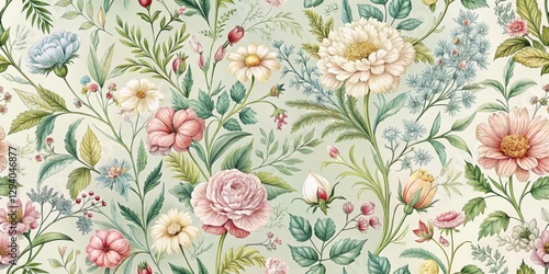 Vintage Floral Pattern with Various Colorful Flowers on Green Background