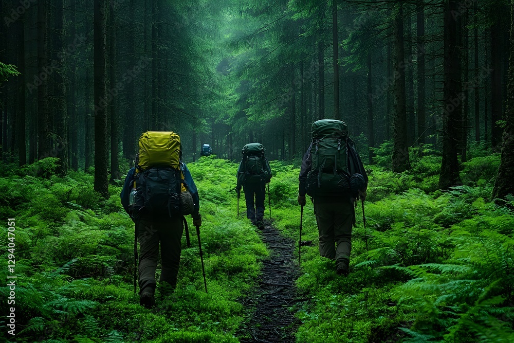 Green pine trees and ferns along a forest trail with hikers. Green pine trees and ferns along a forest trail with hikers.