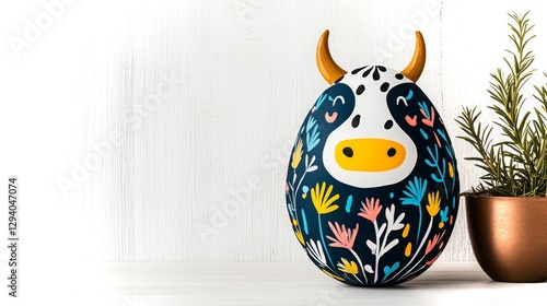 Creative hand-painted cow-themed decorative egg displayed on a shelf next to a plant photo