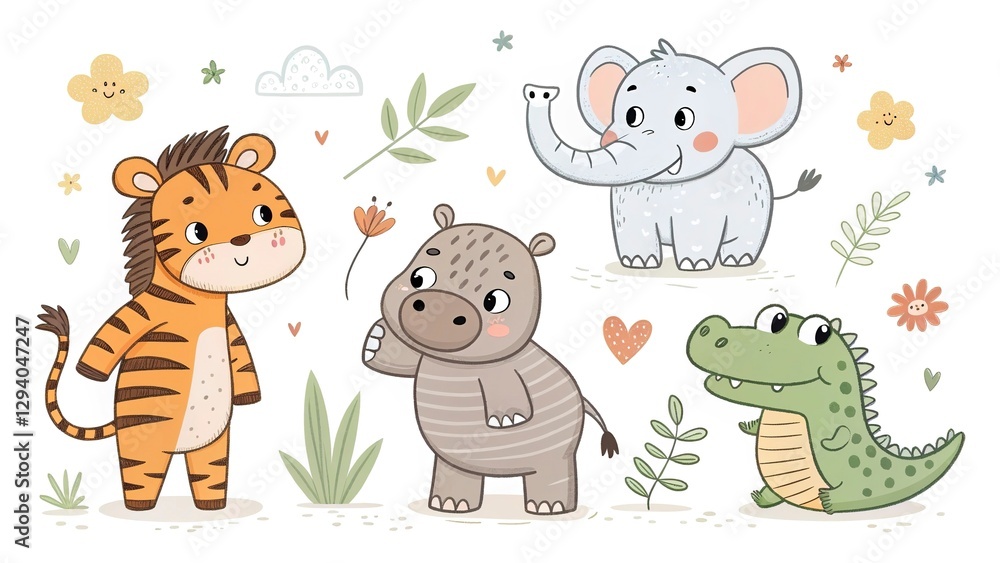 Fototapeta premium Cute wild animal cartoon collection in children's flat style, white background. 