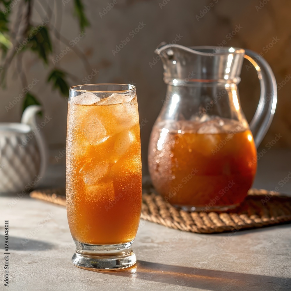 refreshing glass of iced bael juice sits on table, accompanied by pitcher, with sunlight casting warm glow refreshing glass of iced bael juice sits on table, accompanied by pitcher, with sunlight casting warm glow
