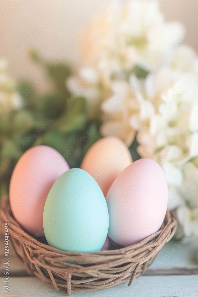 easter-themed still life with colorful painted eggs in rustic basket soft natural lighting highlighting textures easter-themed still life with colorful painted eggs in rustic basket soft natural lighting highlighting textures