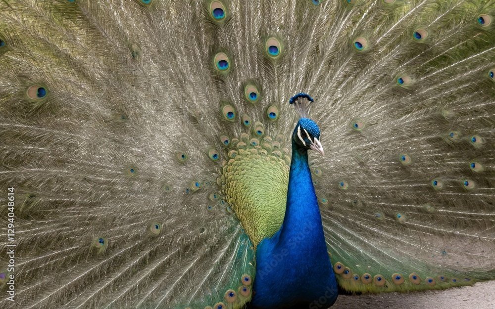 Fototapeta premium A peacock spreading its stunning iridescent feathers in a magnificent display