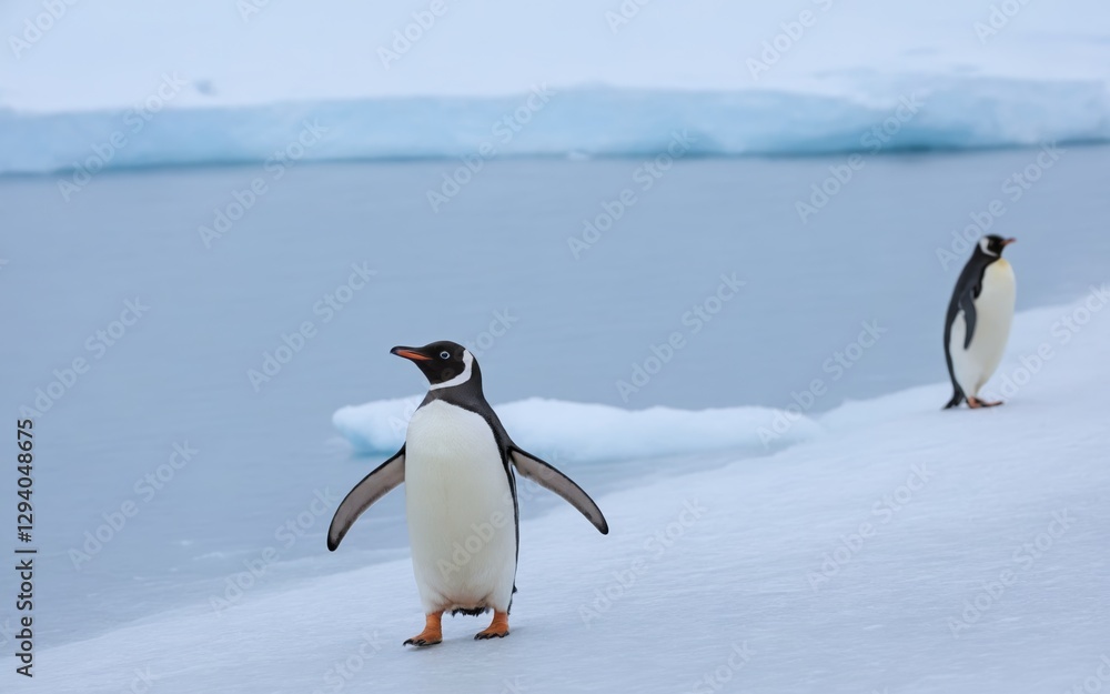 Obraz premium A penguin waddling across the icy landscape, surrounded by others