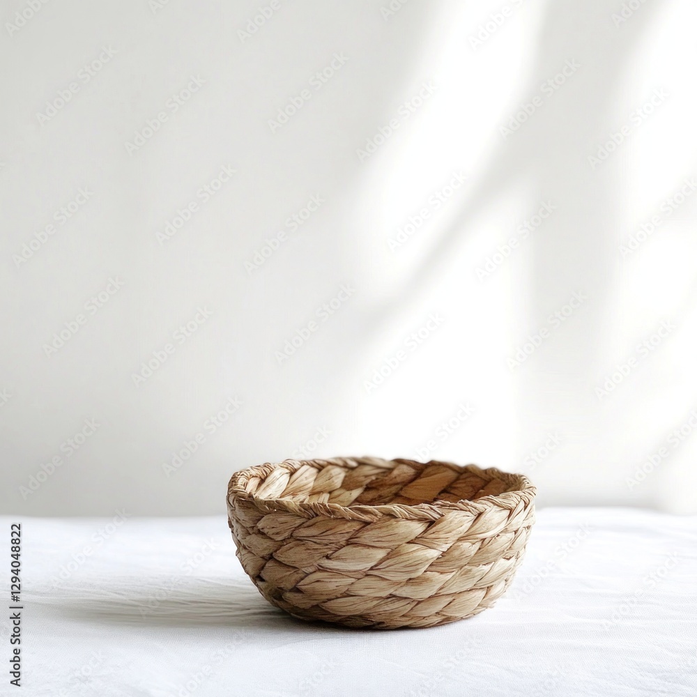 Fototapeta premium Woven Straw Bowl on White Tabletop