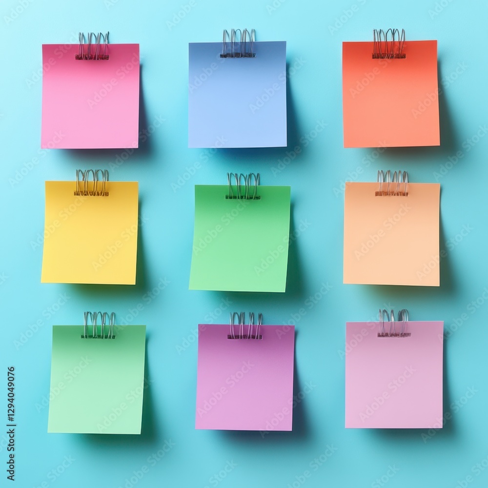 Colorful memo notes attached with metal spring clips on a vibrant blue wall creating a playful and organized visual pattern for creative ideas Colorful memo notes attached with metal spring clips on a vibrant blue wall creating a playful and organized visual pattern for creative ideas