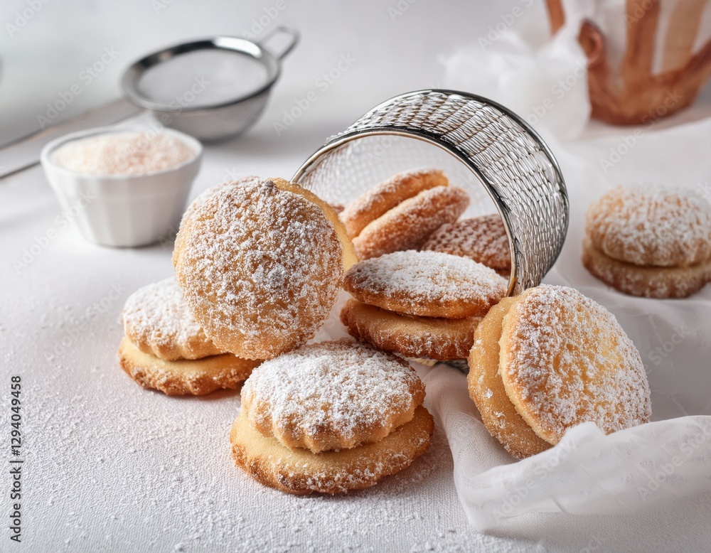 Pastry cookies with candied sugar on top of a white table, styled with minimalist textiles, infinity nets, zuckerpunk, medieval-inspired, snapshot aesthetic, and light white tones. Pastry cookies with candied sugar on top of a white table, styled with minimalist textiles, infinity nets, zuckerpunk, medieval-inspired, snapshot aesthetic, and light white tones.
